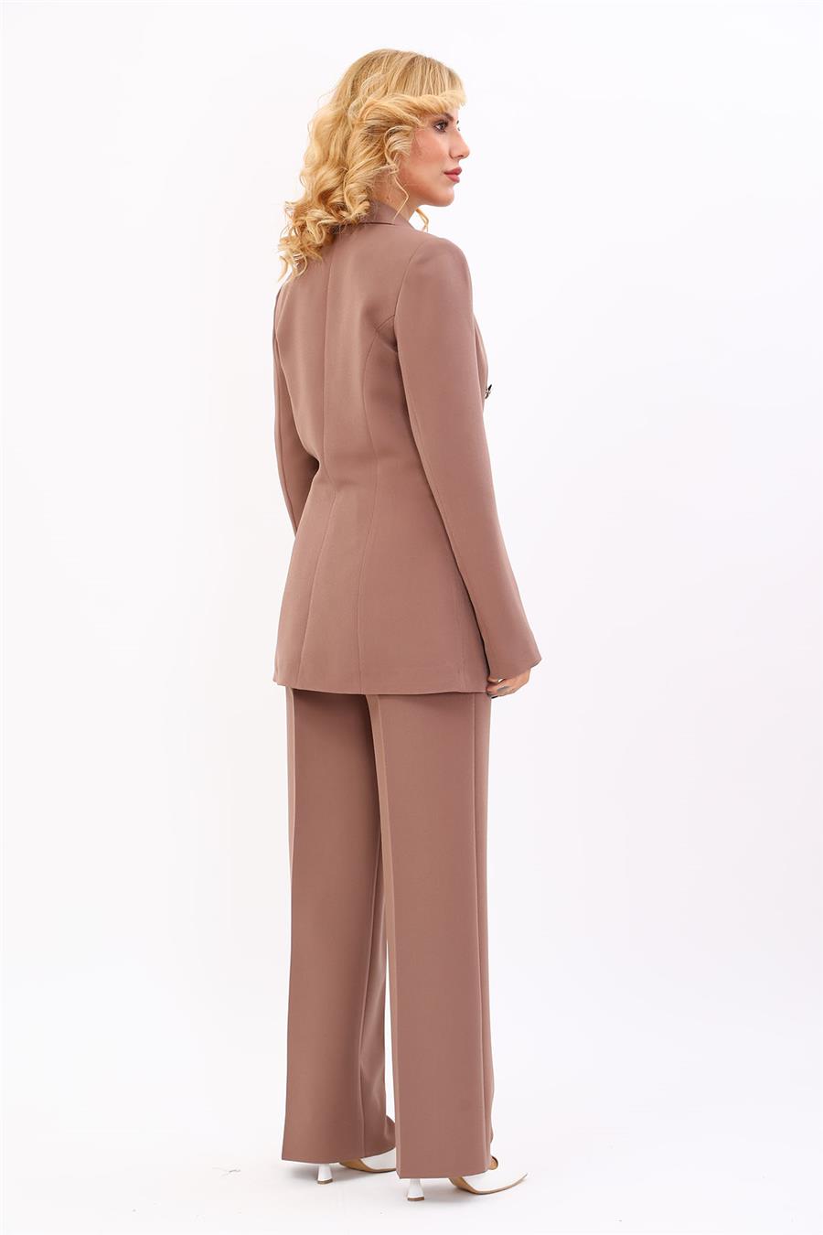 Erkek Yaka  Çapraz Ceket & Bol Paça Pantolon-Kahve