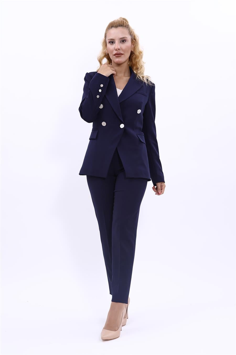 Erkek Yaka  Çapraz Ceket & Dar Paça Pantolon-Lacivert - 1047510