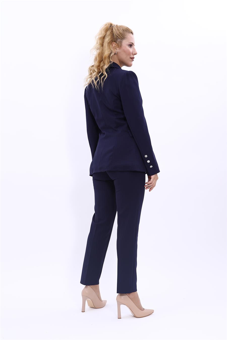 Erkek Yaka  Çapraz Ceket & Dar Paça Pantolon-Lacivert - 1047510