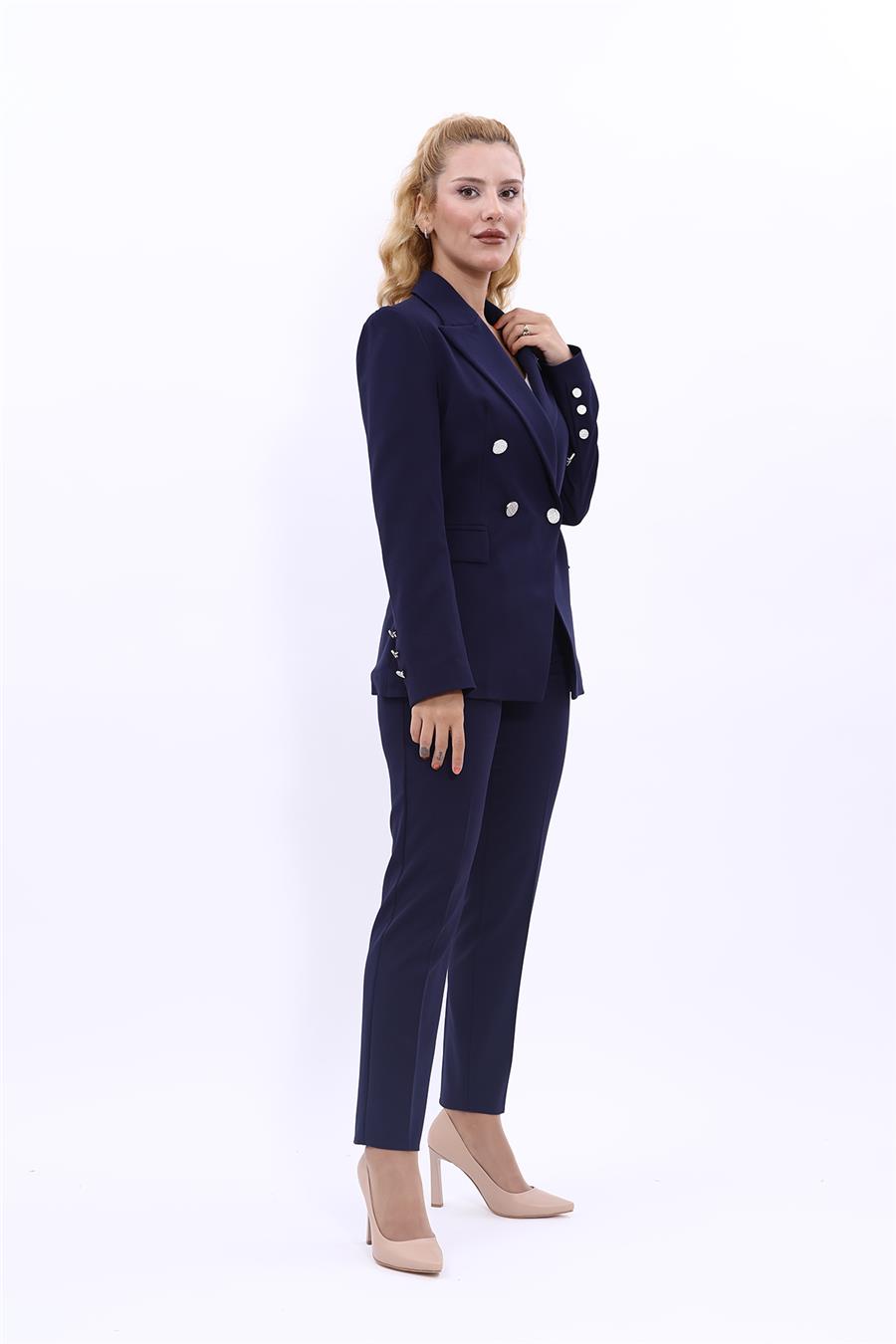 Erkek Yaka  Çapraz Ceket & Dar Paça Pantolon-Lacivert - 1047510
