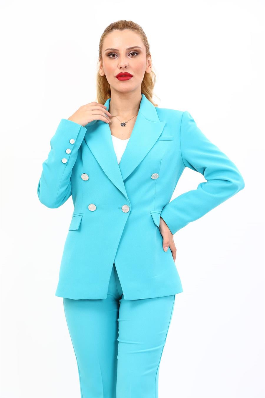 Erkek Yaka  Çapraz Ceket-Turkuaz