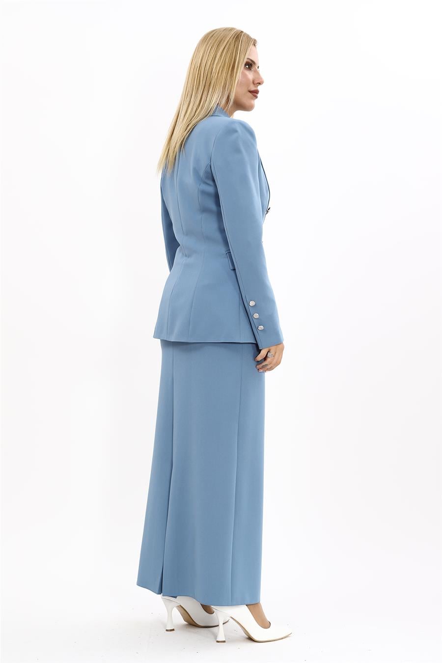 Erkek Yaka  Çapraz Ceket &  Uzun Düz Dar Etek-Deniz