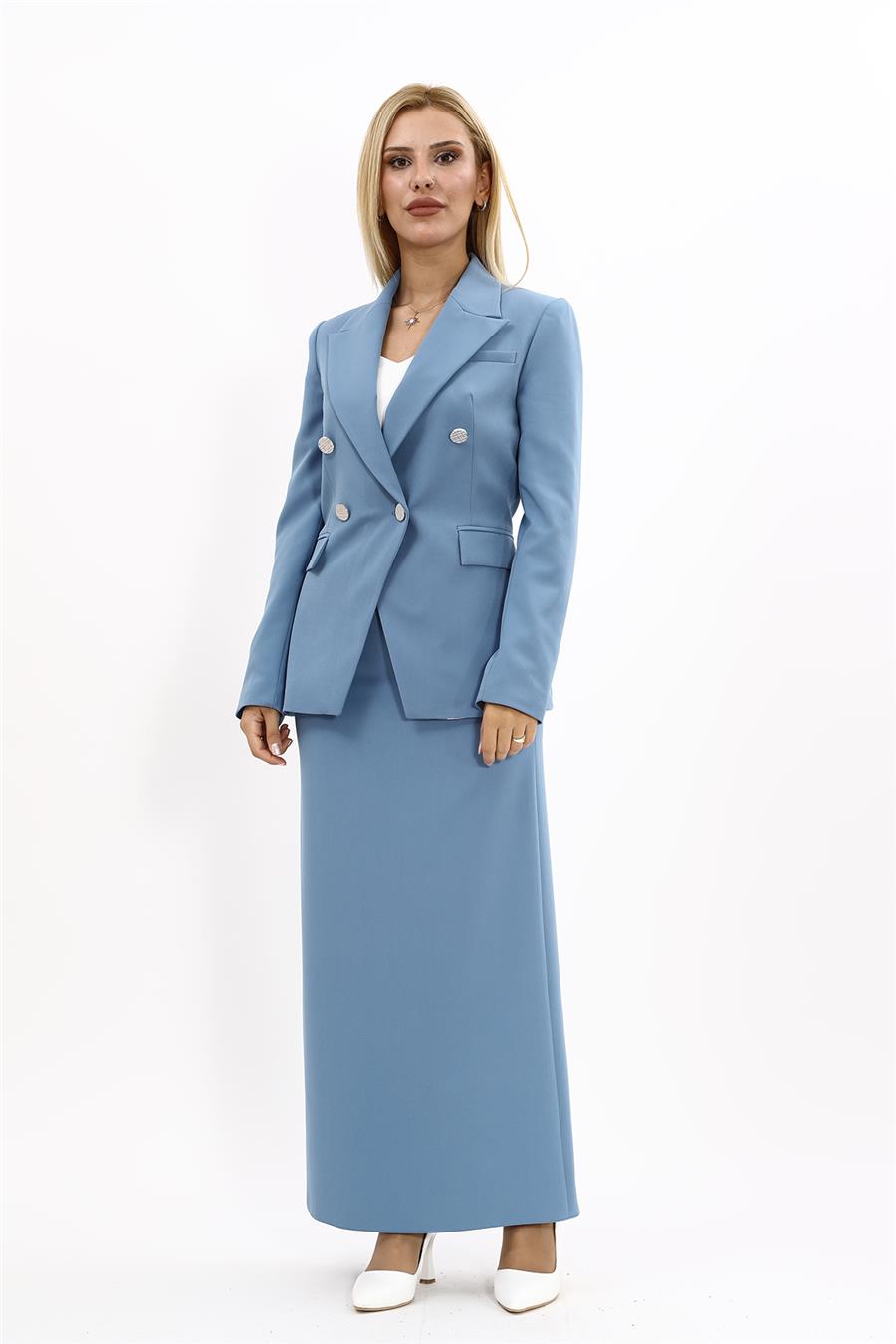 Erkek Yaka  Çapraz Ceket &  Uzun Düz Dar Etek-Deniz