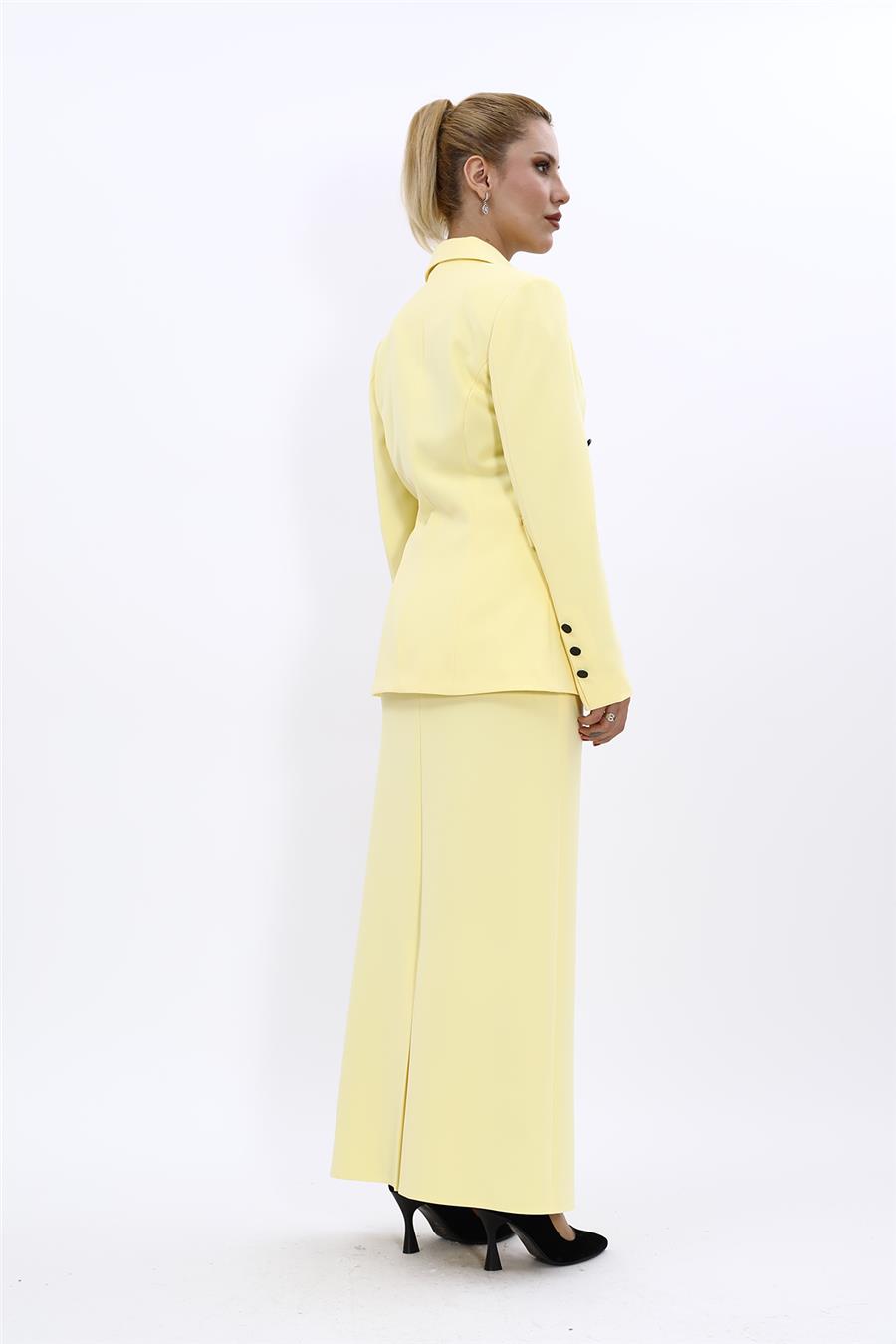 Erkek Yaka  Çapraz Ceket &  Uzun Düz Dar Etek-Sarı