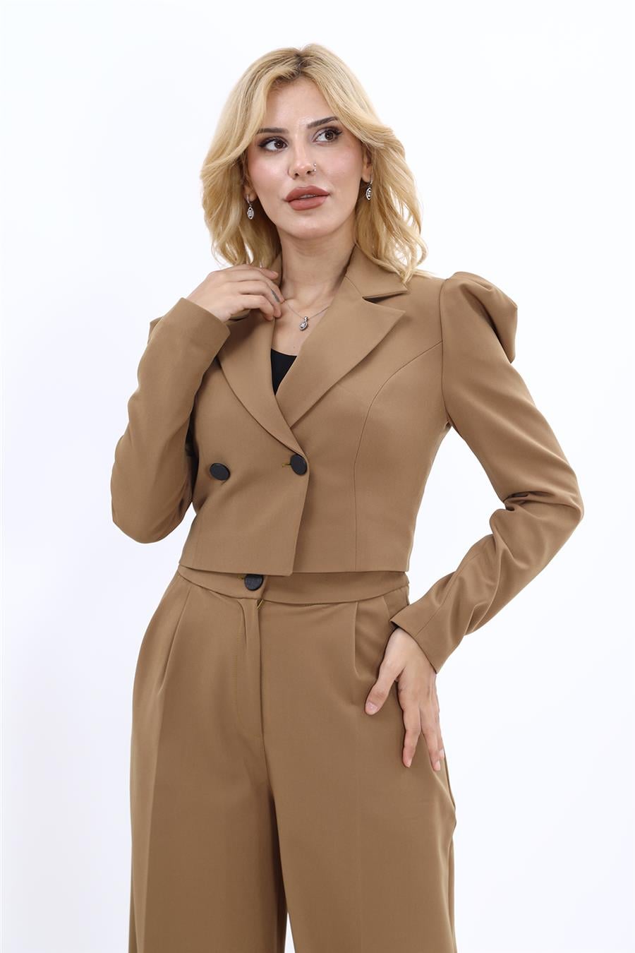 Erkek Yaka Drape Kollu Kısa Ceket-Camel - 1057100