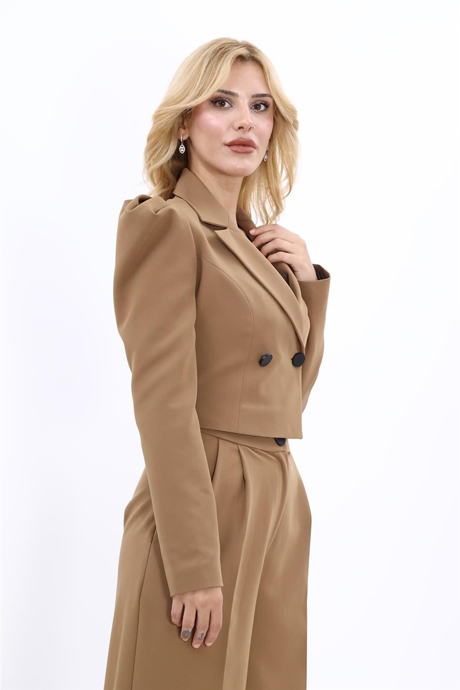 Erkek Yaka Drape Kollu Kısa Ceket-Camel - 1057100