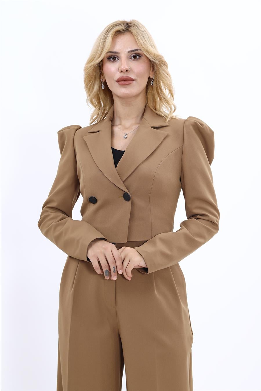 Erkek Yaka Drape Kollu Kısa Ceket-Camel - 1057100