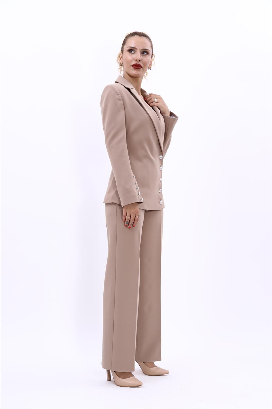 Erkek Yaka Düğme Detaylı Ceket & Bol Paça Pantolon-Taş - 1065520