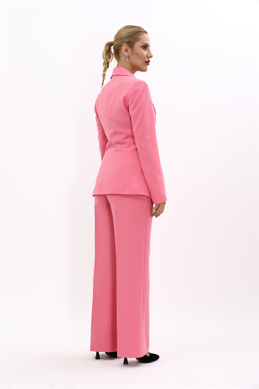 Erkek Yaka Düğme Detaylı Ceket & Bol Paça Pantolon-Pembe - 1065520