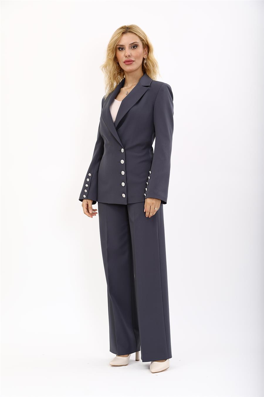 Erkek Yaka Düğme Detaylı Ceket & Bol Paça Pantolon-Füme - 1065520