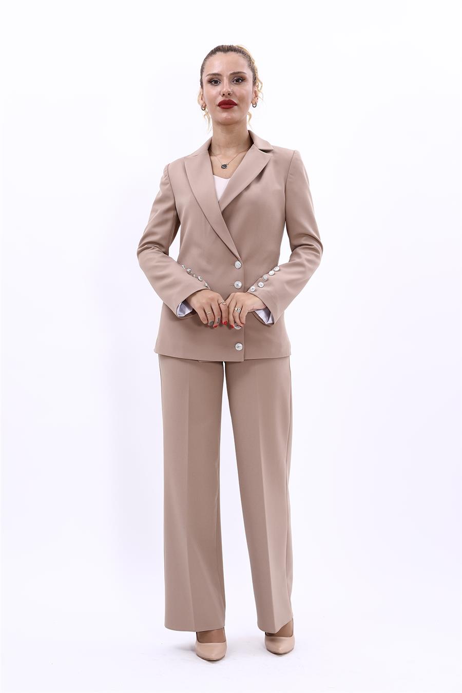 Erkek Yaka Düğme Detaylı Ceket & Bol Paça Pantolon-Taş - 1065520