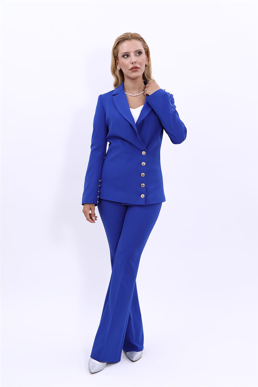 Erkek Yaka Düğme Detaylı Ceket & İspanyol Paça Pantolon-Saks - 1065530