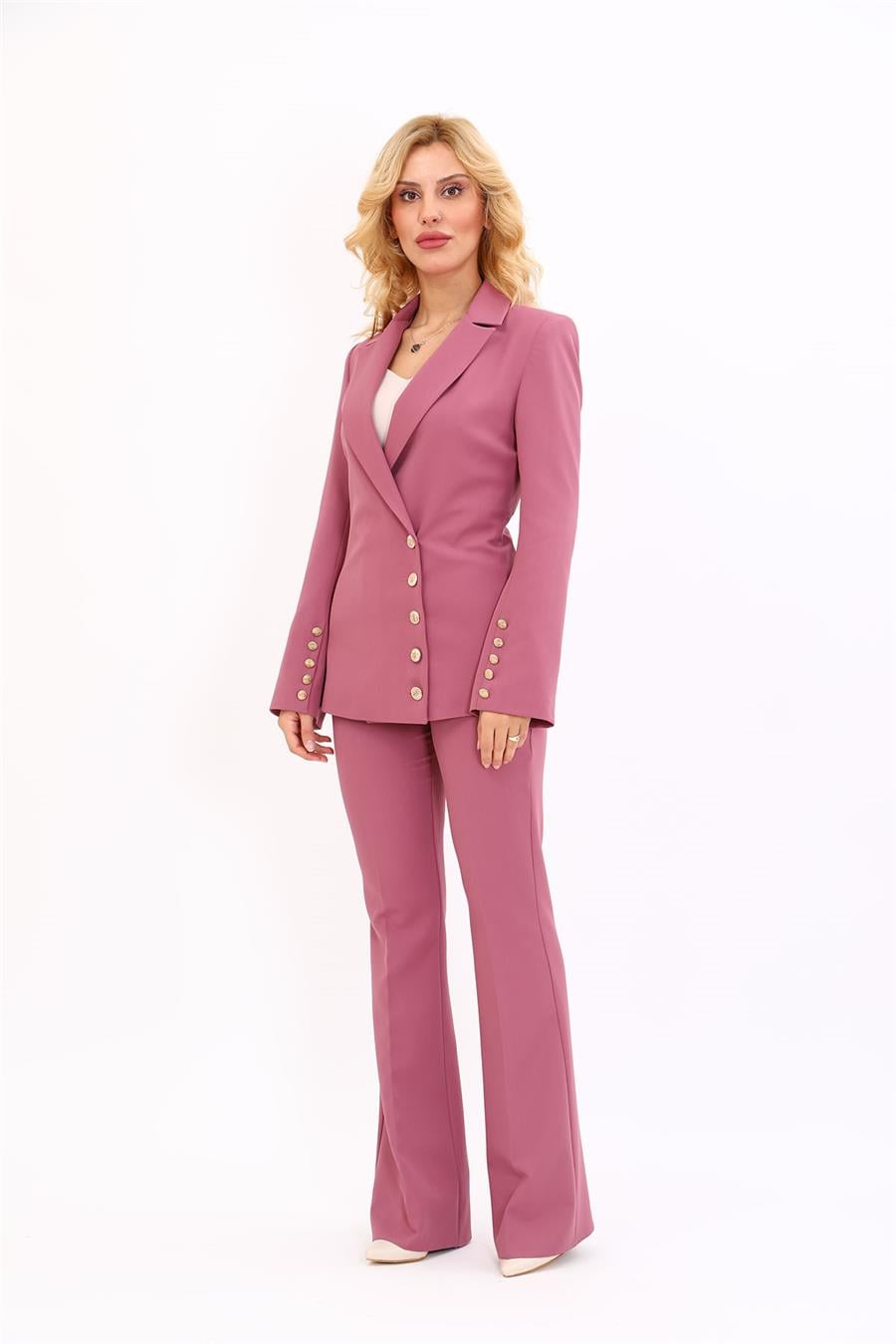 Erkek Yaka Düğme Detaylı Ceket & İspanyol Paça Pantolon-Rose - 1065530