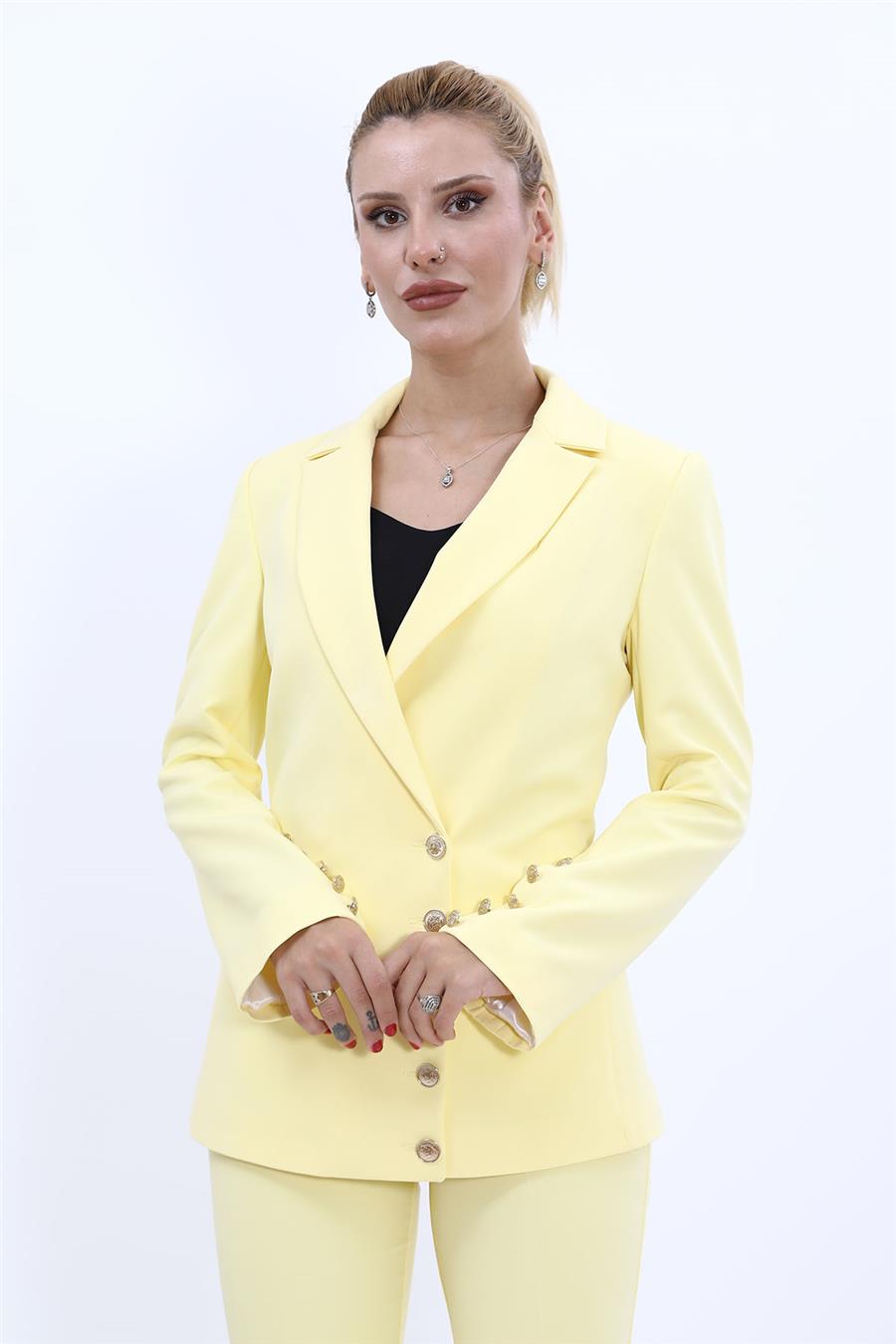 Erkek Yaka Düğmeli Modern Kadın Ceket-Sarı