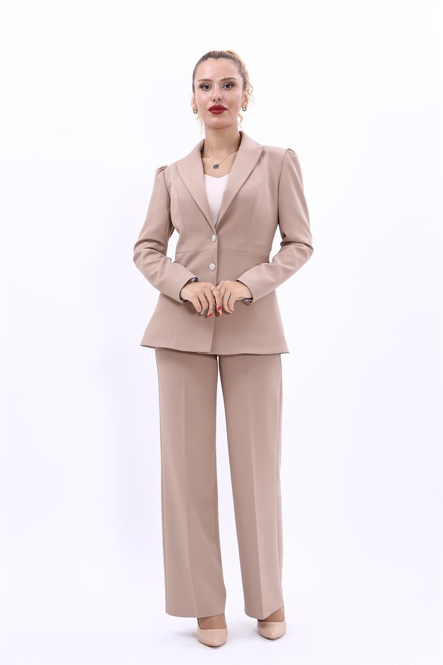 Erkek Yaka Kolu Büzgülü Ceket & Bol Paça Pantolon-Taş - 1063520