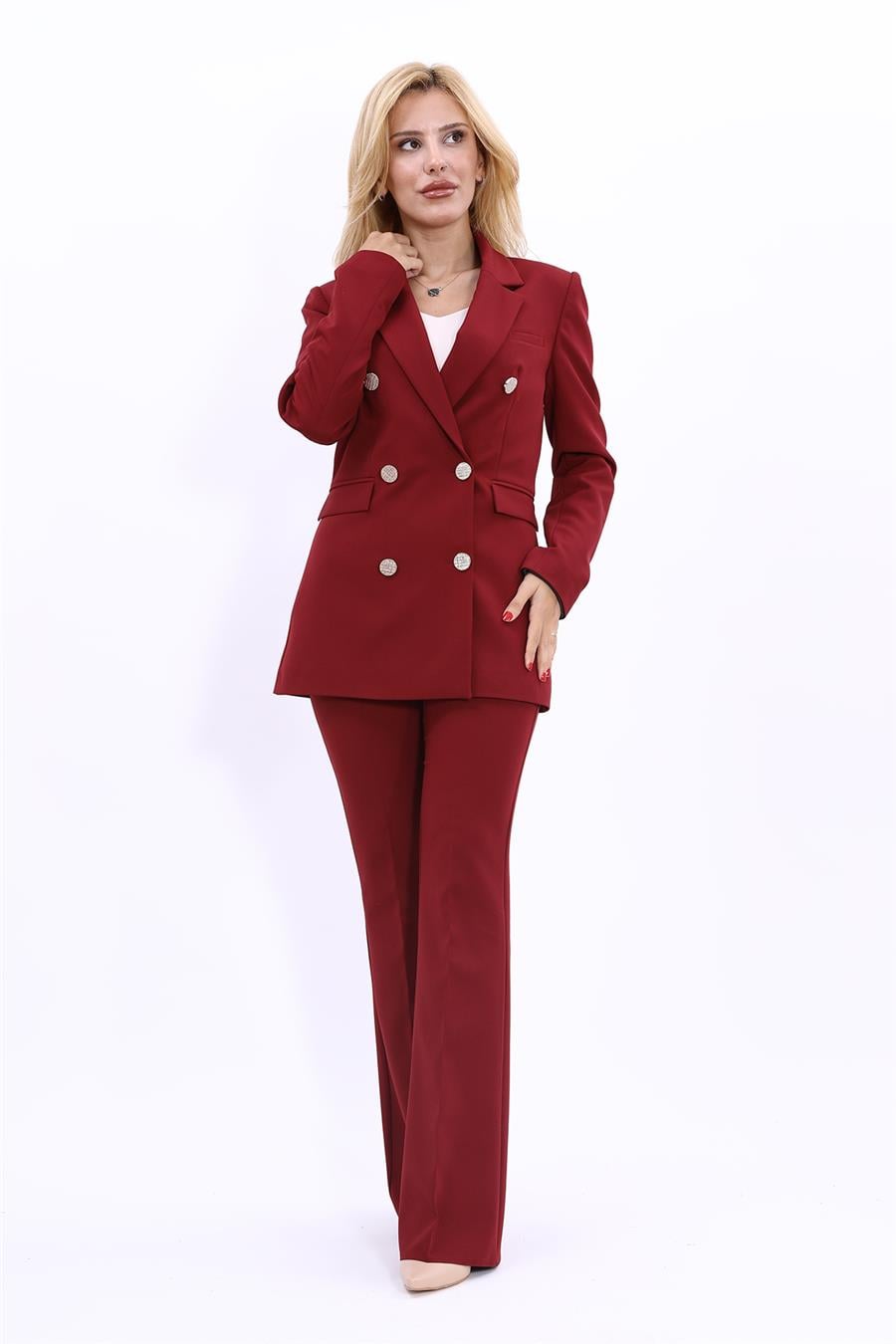 Erkek Yaka Kruvaze Blazer Ceket & İspanyol Paça Pantolon Kadın Takım Elbise -Bordo