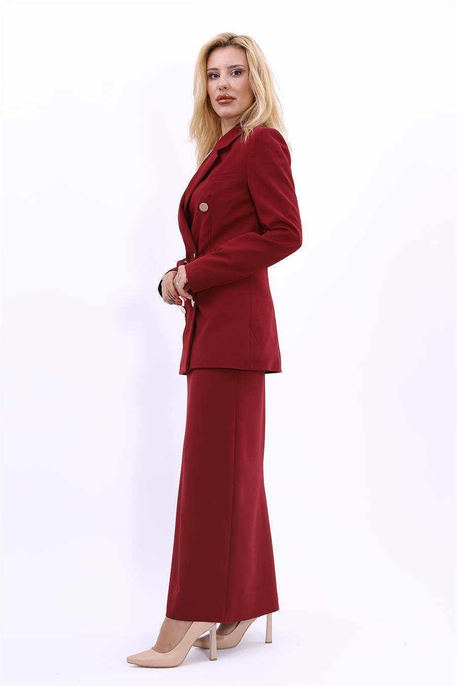 Erkek Yaka Kruvaze Blazer Ceket & Uzun Kalem Etek Kadın Takım Elbise-Bordo