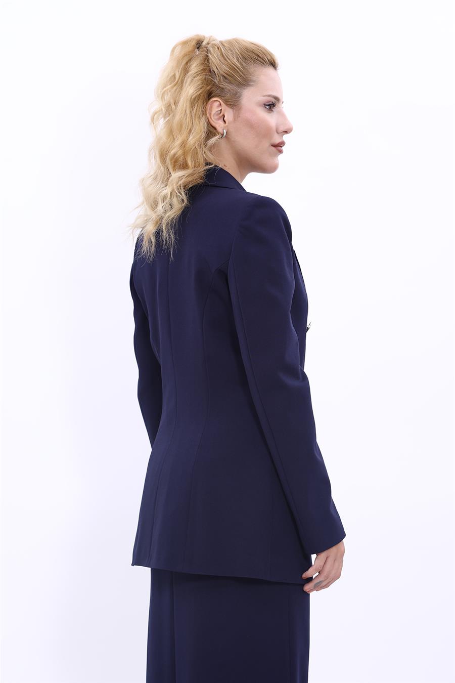 Erkek Yaka Kruvaze Blazer Kadın Ceket-Lacivert