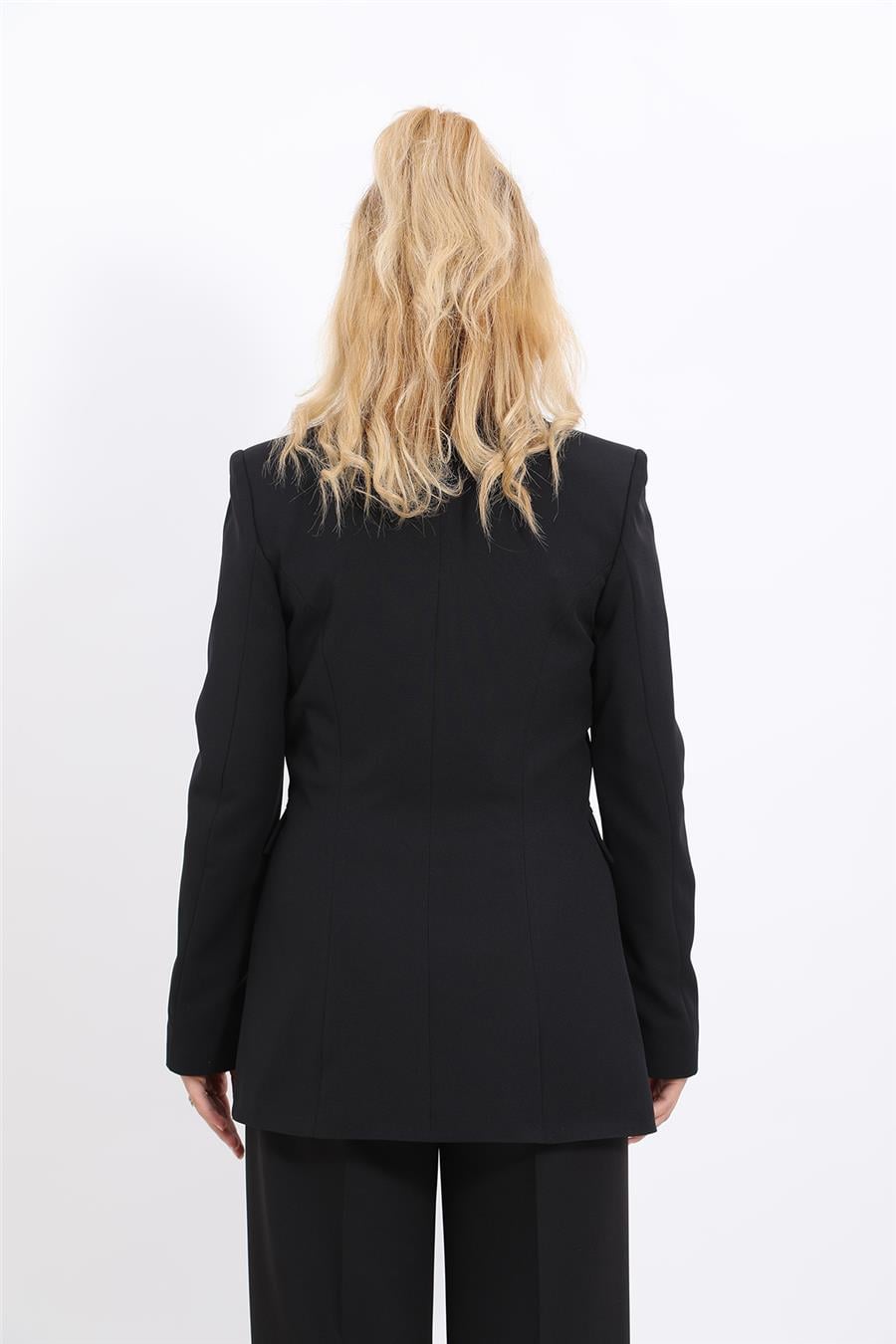 Erkek Yaka Kruvaze Blazer Kadın Ceket-Siyah