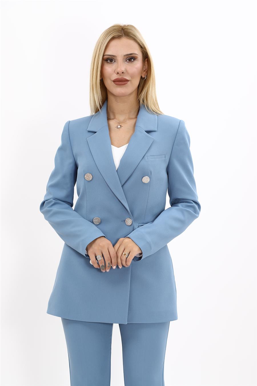 Erkek Yaka Kruvaze Blazer Kadın Ceket-Deniz