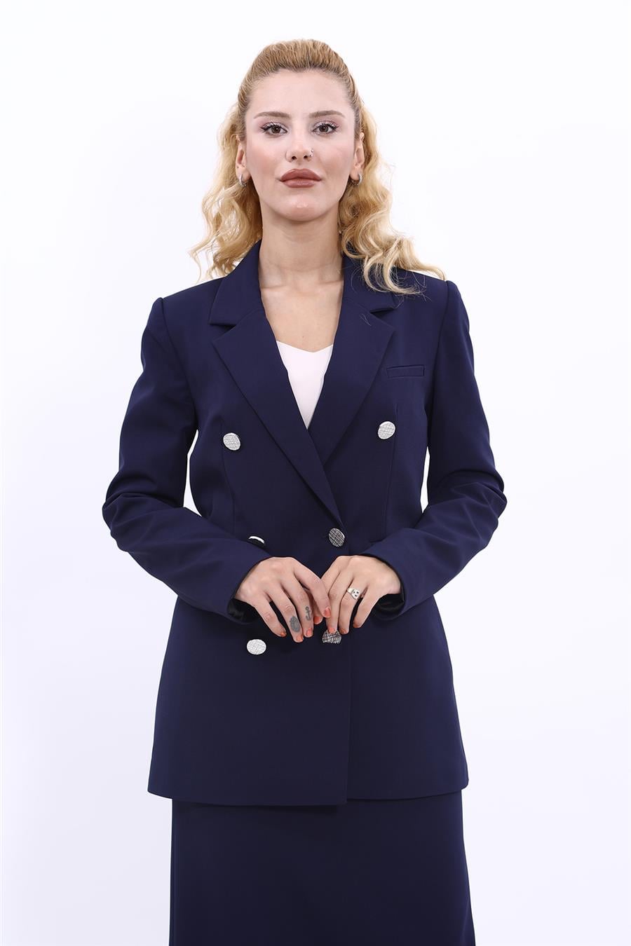 Erkek Yaka Kruvaze Blazer Kadın Ceket-Lacivert