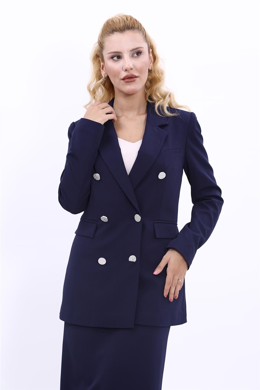 Erkek Yaka Kruvaze Blazer Kadın Ceket-Lacivert