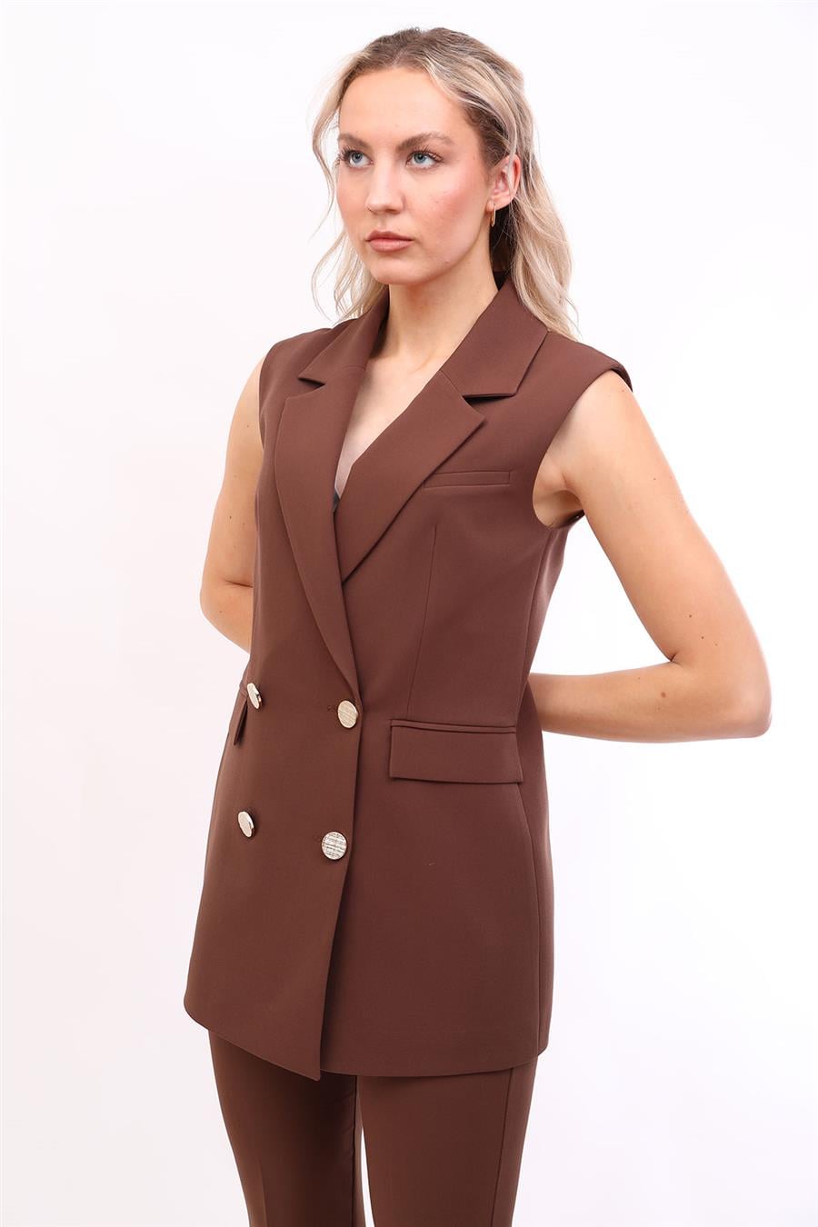 Erkek Yaka Kruvaze Blazer Kadın Yelek -Kestane