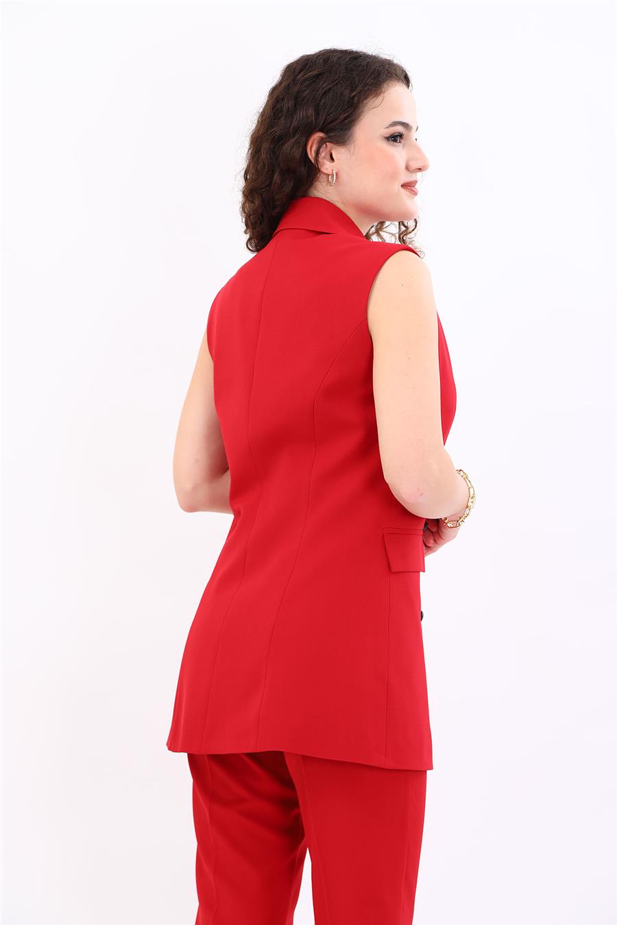 Erkek Yaka Kruvaze Blazer Kadın Yelek -Kırmızı