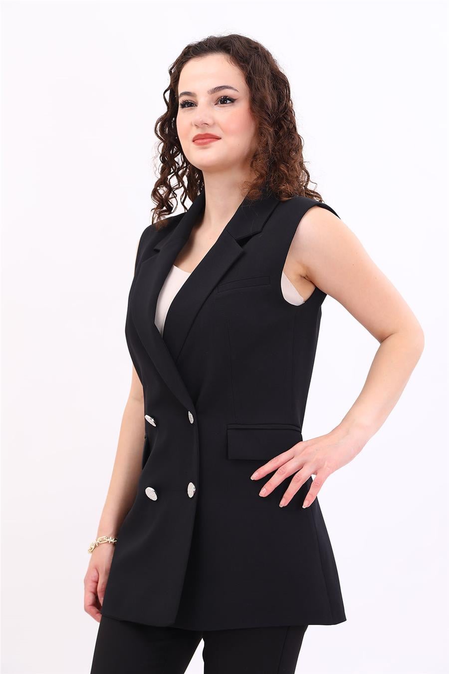 Erkek Yaka Kruvaze Blazer Kadın Yelek -Siyah