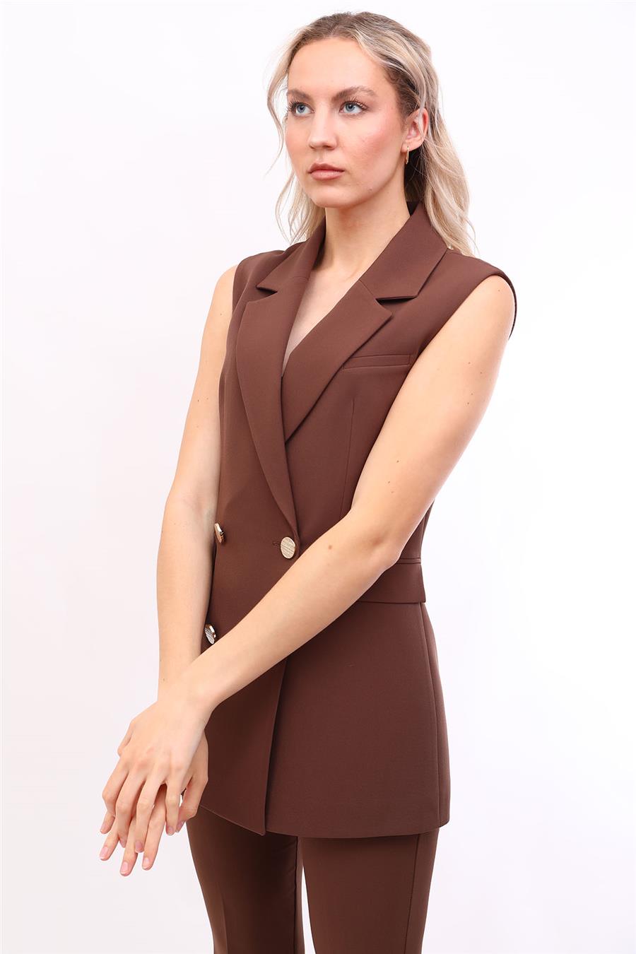 Erkek Yaka Kruvaze Blazer Kadın Yelek -Kestane