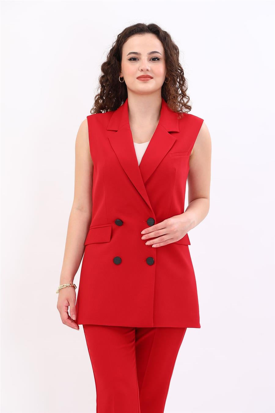 Erkek Yaka Kruvaze Blazer Kadın Yelek -Kırmızı