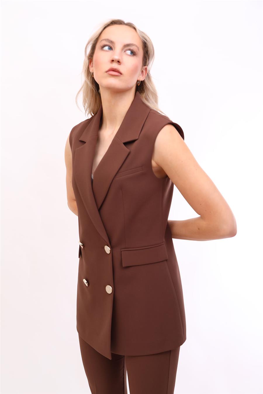 Erkek Yaka Kruvaze Blazer Kadın Yelek -Kestane
