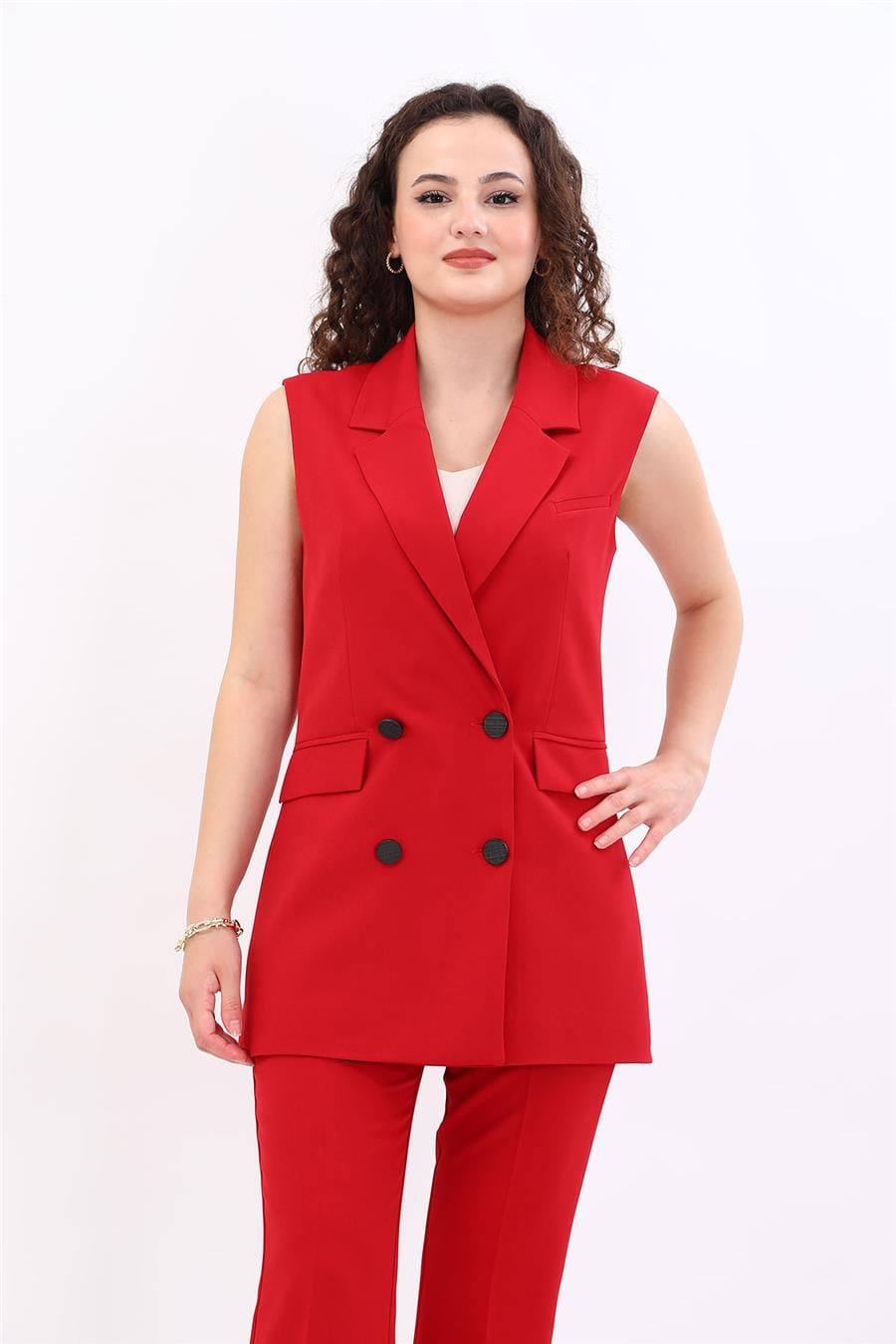 Erkek Yaka Kruvaze Blazer Kadın Yelek -Kırmızı