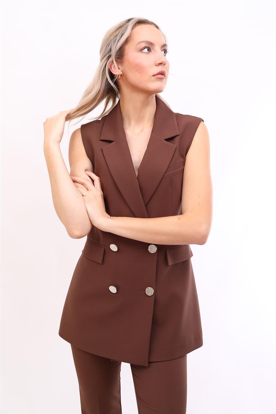 Erkek Yaka Kruvaze Blazer Kadın Yelek -Kestane