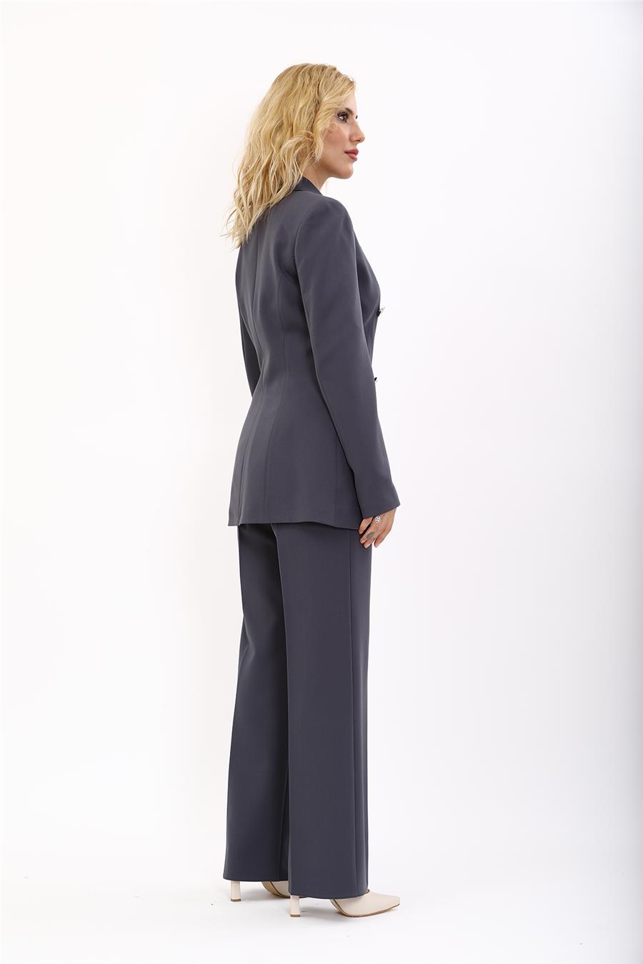 Erkek Yaka Kuruvaze Blazer Ceket & Bol Paça Pantolon-Füme