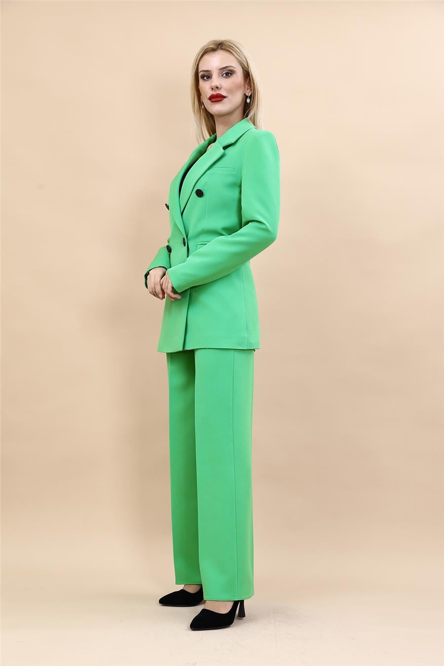 Erkek Yaka Kuruvaze Blazer Ceket & Bol Paça Pantolon-Yeşil