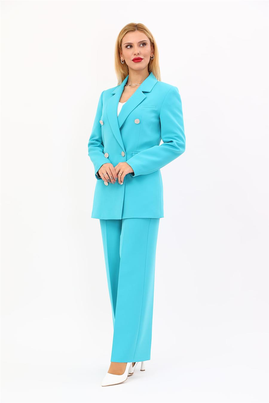 Erkek Yaka Kuruvaze Blazer Ceket & Bol Paça Pantolon-Turkuaz
