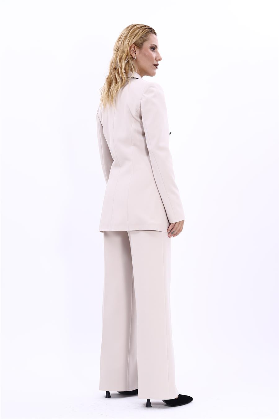 Erkek Yaka Kuruvaze Blazer Ceket & Bol Paça Pantolon-Bej - 1034520