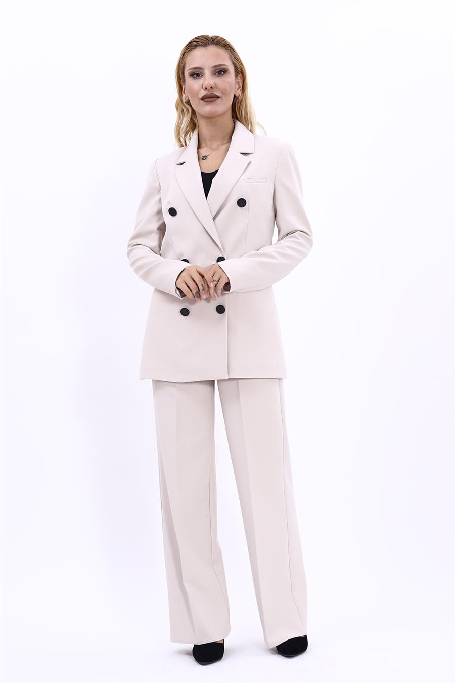 Erkek Yaka Kuruvaze Blazer Ceket & Bol Paça Pantolon-Bej - 1034520