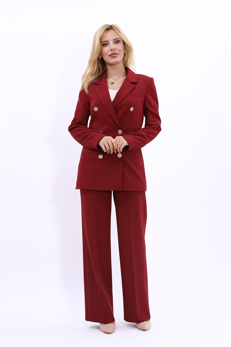 Erkek Yaka Kuruvaze Blazer Ceket & Bol Paça Pantolon-Bordo - 1034520