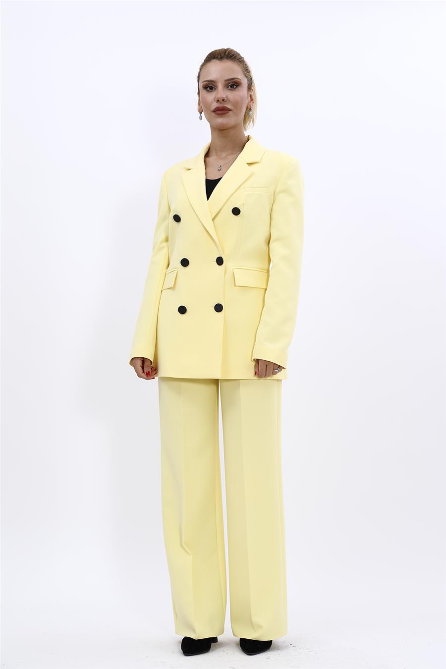 Erkek Yaka Kuruvaze Blazer Ceket & Bol Paça Pantolon-Sarı