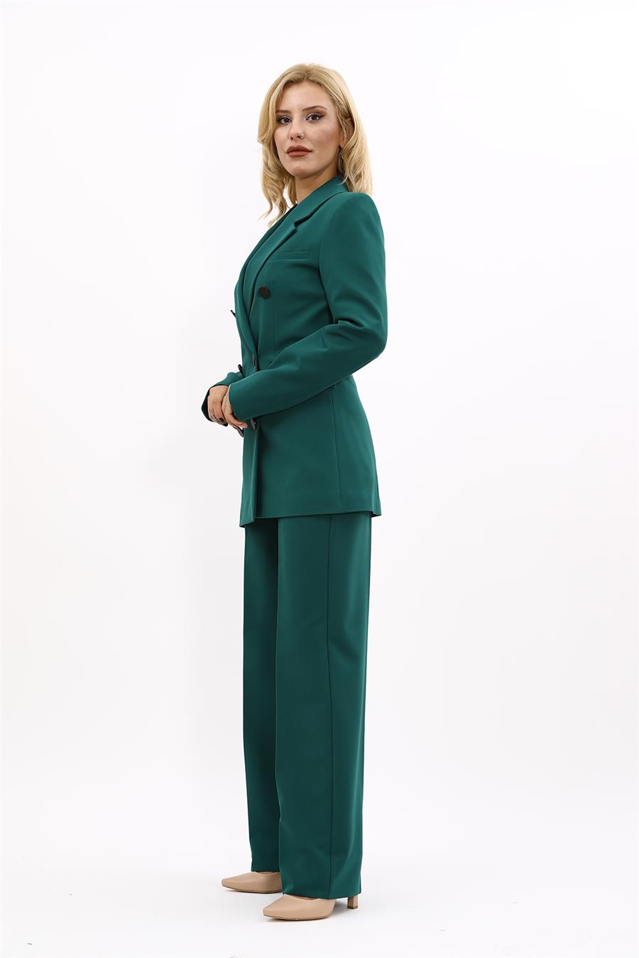 Erkek Yaka Kuruvaze Blazer Ceket & Bol Paça Pantolon-Zümrüt - 1034520