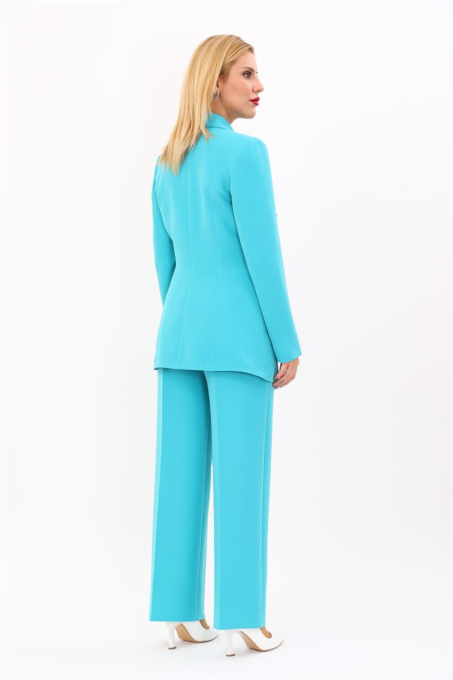 Erkek Yaka Kuruvaze Blazer Ceket & Bol Paça Pantolon-Turkuaz