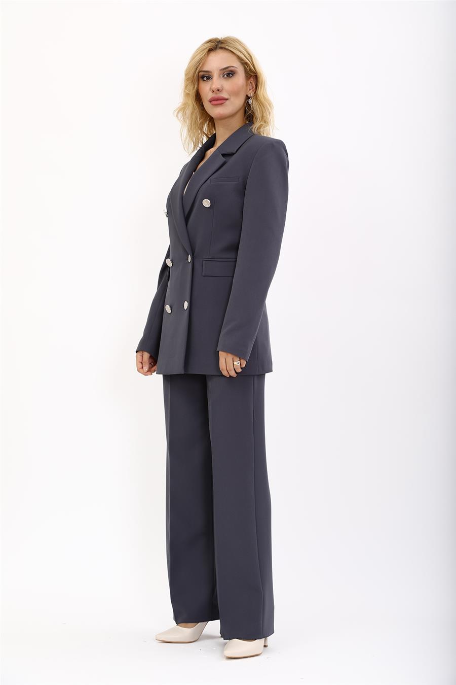 Erkek Yaka Kuruvaze Blazer Ceket & Bol Paça Pantolon-Füme