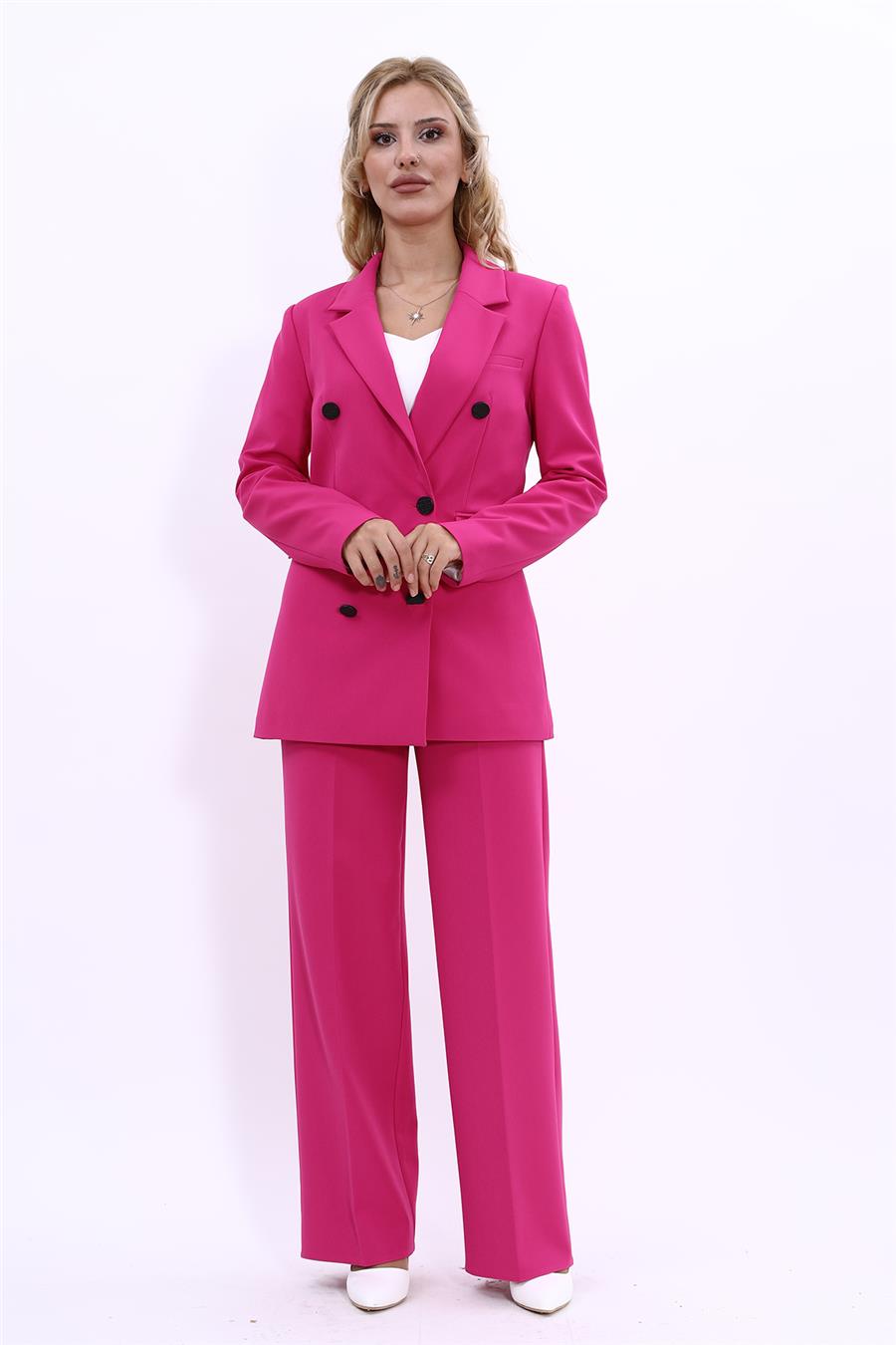 Erkek Yaka Kuruvaze Blazer Ceket & Bol Paça Pantolon-Fuşya