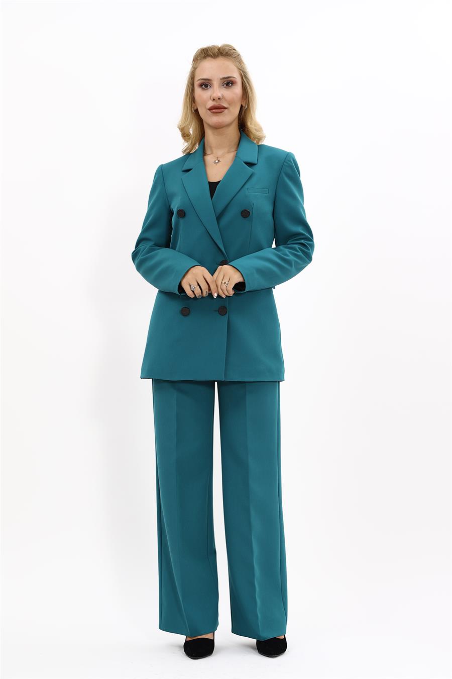 Erkek Yaka Kruvaze Blazer Ceket & Bol Paça Pantolon-Petrol - 1034520