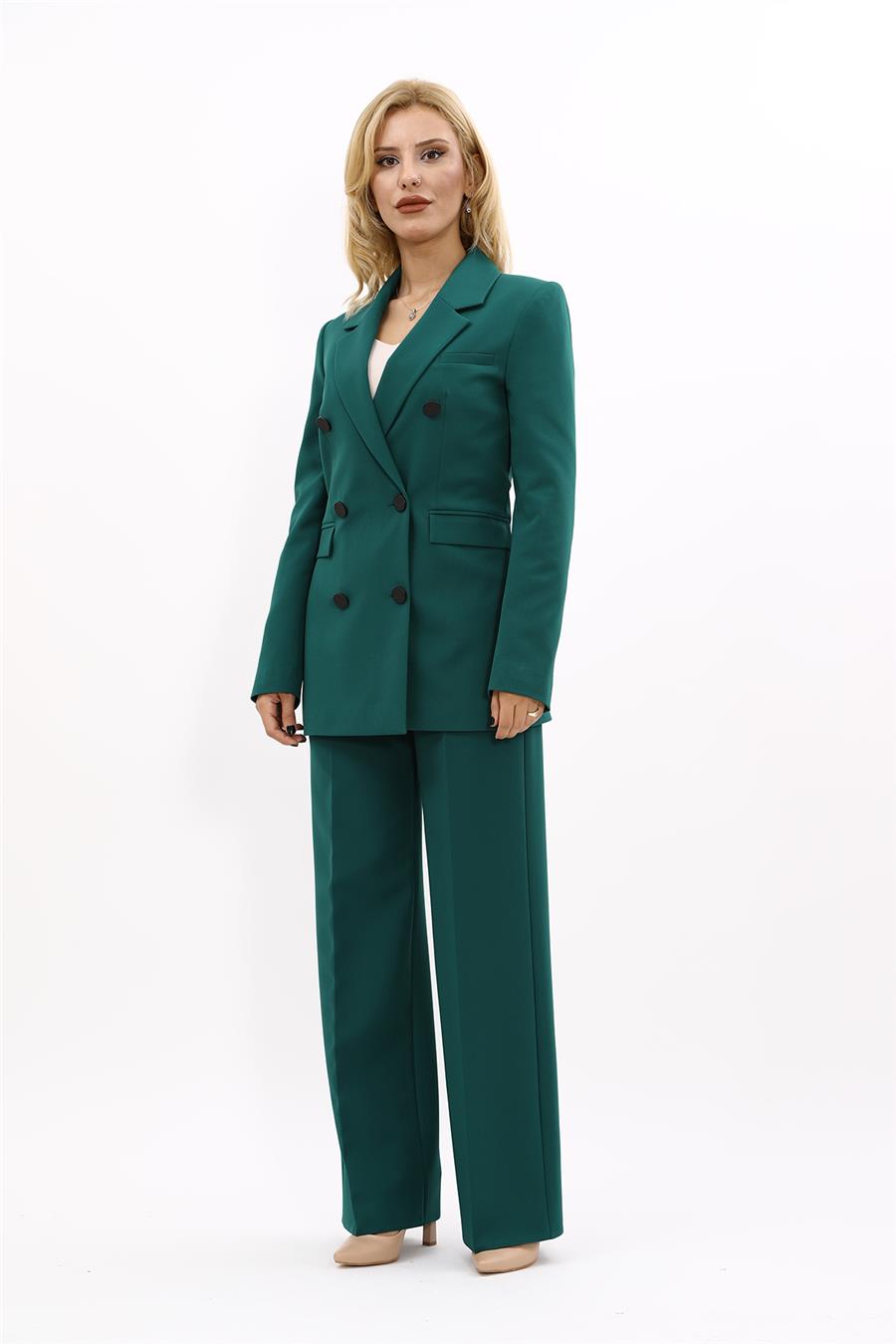 Erkek Yaka Kuruvaze Blazer Ceket & Bol Paça Pantolon-Zümrüt - 1034520
