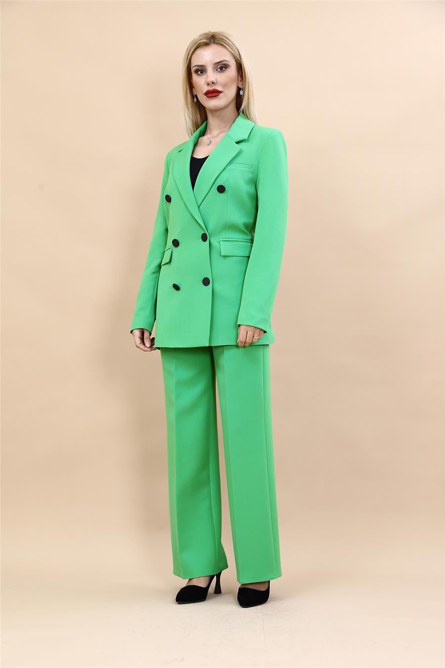 Erkek Yaka Kuruvaze Blazer Ceket & Bol Paça Pantolon-Yeşil