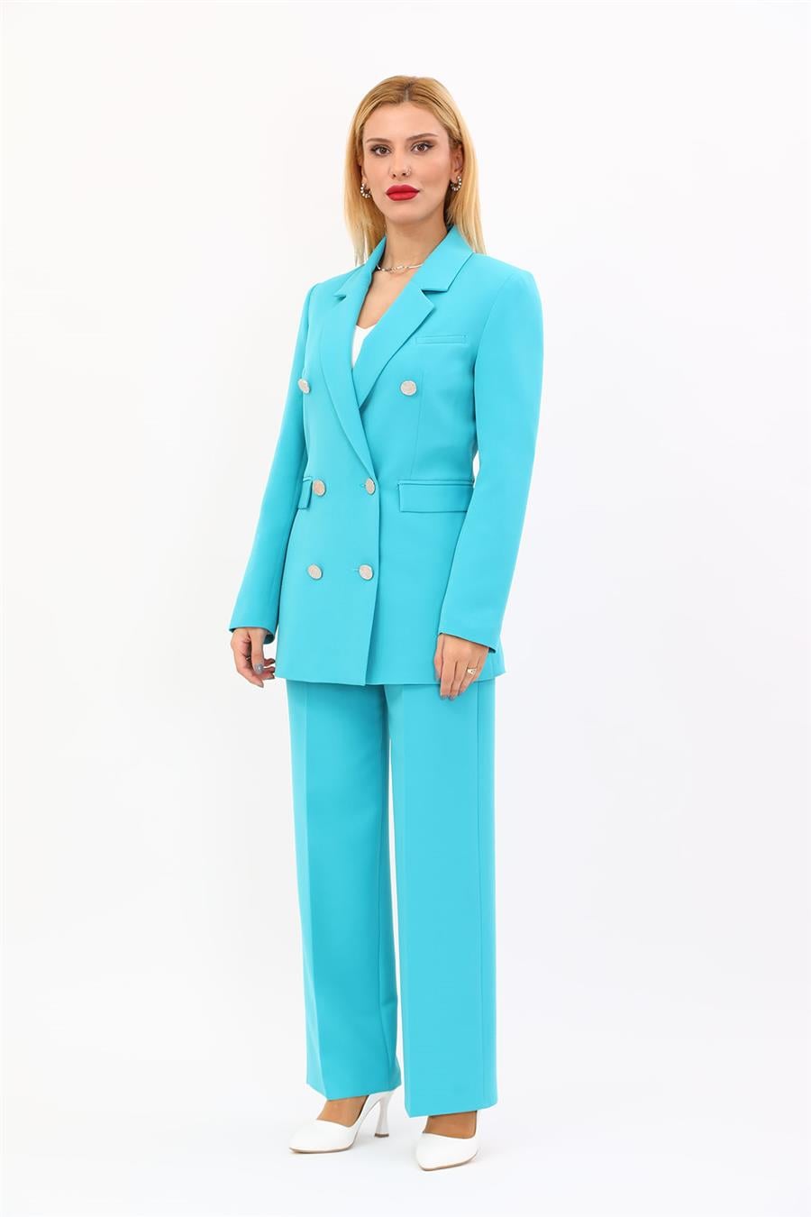 Erkek Yaka Kuruvaze Blazer Ceket & Bol Paça Pantolon-Turkuaz