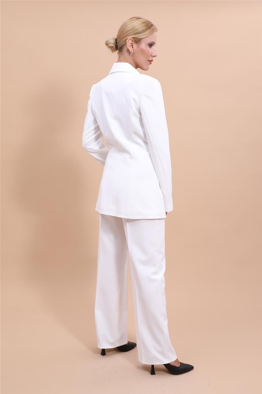 Erkek Yaka Kruvaze Blazer Ceket & Bol Paça Pantolon-Beyaz - 1034520